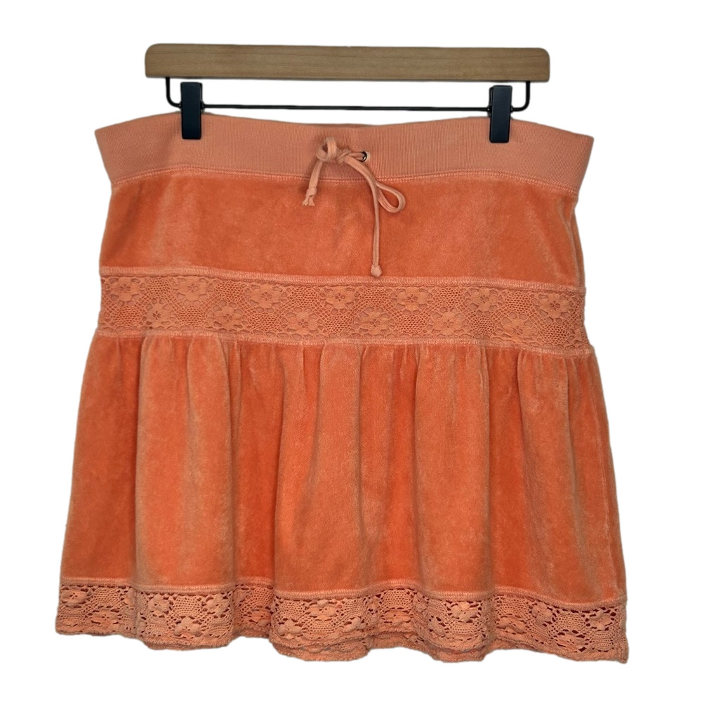 Juicy Couture Mini Skirt Womens Small Y2K Coral Lace Trim Terry Cloth USA Made